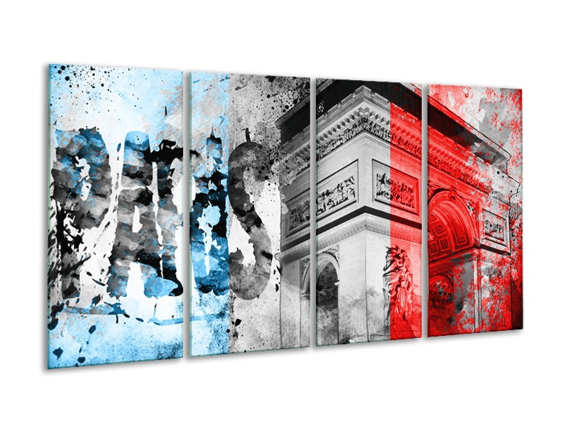 Canvas Schilderij Parijs, Steden | Blauw, Rood, Grijs | 160x80cm 4Luik