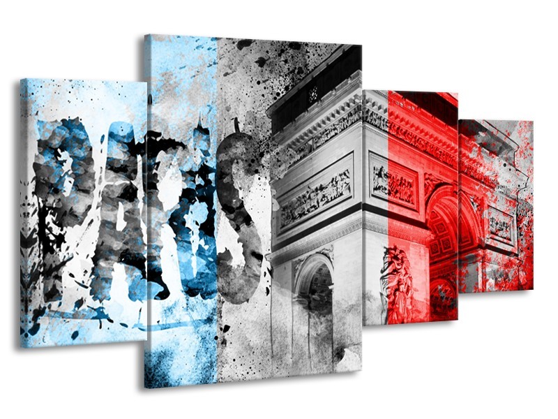 Canvas Schilderij Parijs, Steden | Blauw, Rood, Grijs | 160x90cm 4Luik