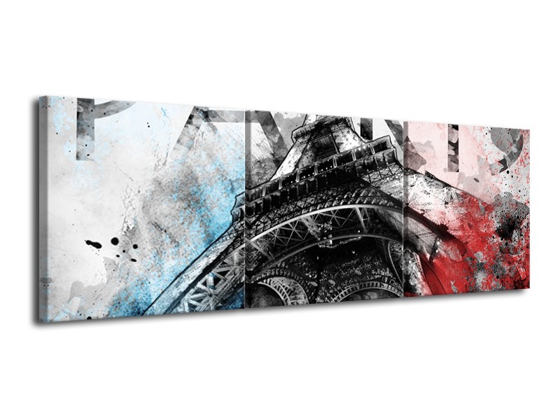 Canvas Schilderij Parijs, Eiffeltoren | Blauw, Rood, Zwart | 120x40cm 3Luik