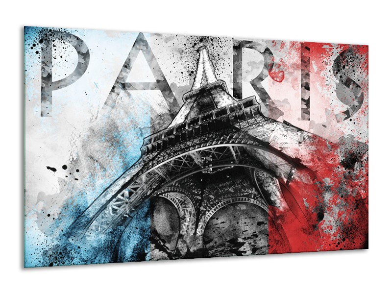Glasschilderij Parijs, Eiffeltoren | Blauw, Rood, Zwart | 120x70cm 1Luik