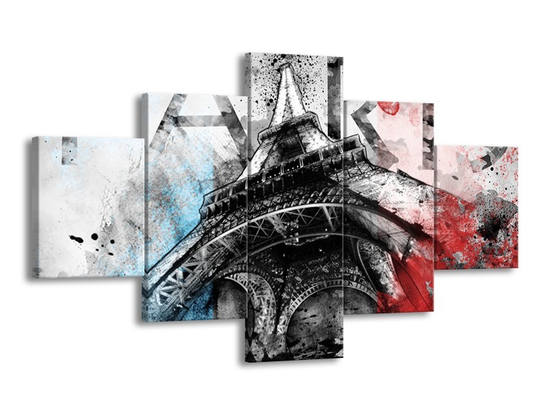 Canvas Schilderij Parijs, Eiffeltoren | Blauw, Rood, Zwart | 125x70cm 5Luik