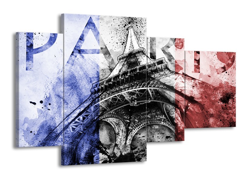 Canvas Schilderij Parijs, Eiffeltoren | Blauw, Rood, Zwart | 120x75cm 4Luik