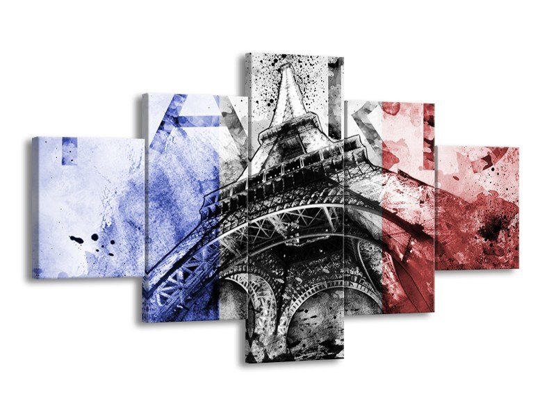 Canvas Schilderij Parijs, Eiffeltoren | Blauw, Rood, Zwart | 125x70cm 5Luik