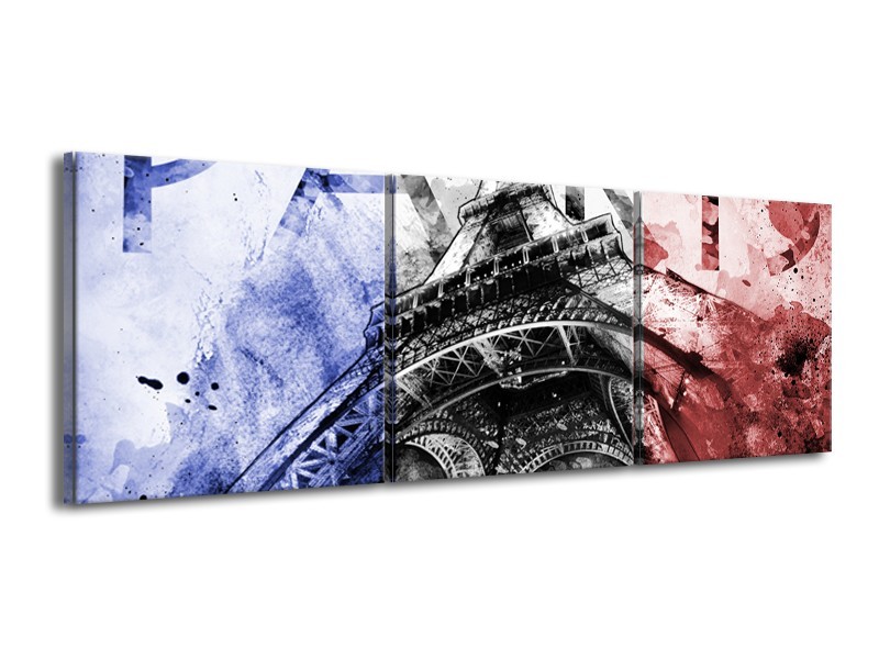 Canvas Schilderij Parijs, Eiffeltoren | Blauw, Rood, Zwart | 150x50cm 3Luik