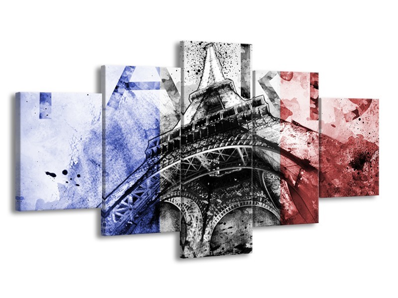 Canvas Schilderij Parijs, Eiffeltoren | Blauw, Rood, Zwart | 150x80cm 5Luik