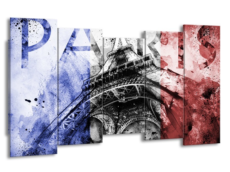 Canvas Schilderij Parijs, Eiffeltoren | Blauw, Rood, Zwart | 150x80cm 5Luik