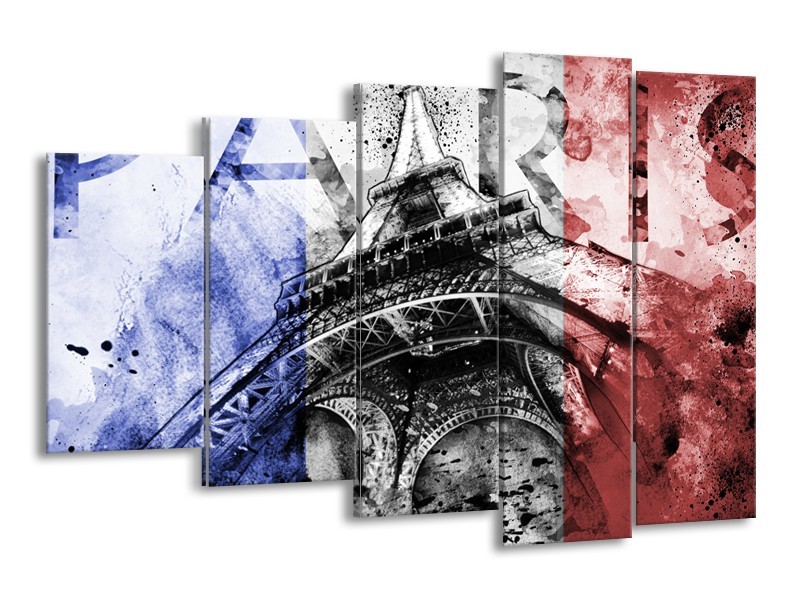 Canvas Schilderij Parijs, Eiffeltoren | Blauw, Rood, Zwart | 150x100cm 5Luik