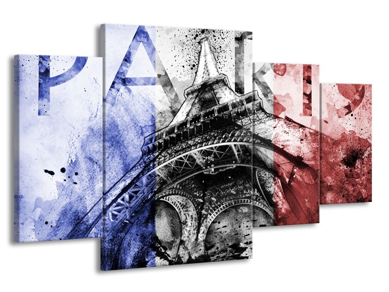 Glasschilderij Parijs, Eiffeltoren | Blauw, Rood, Zwart | 160x90cm 4Luik