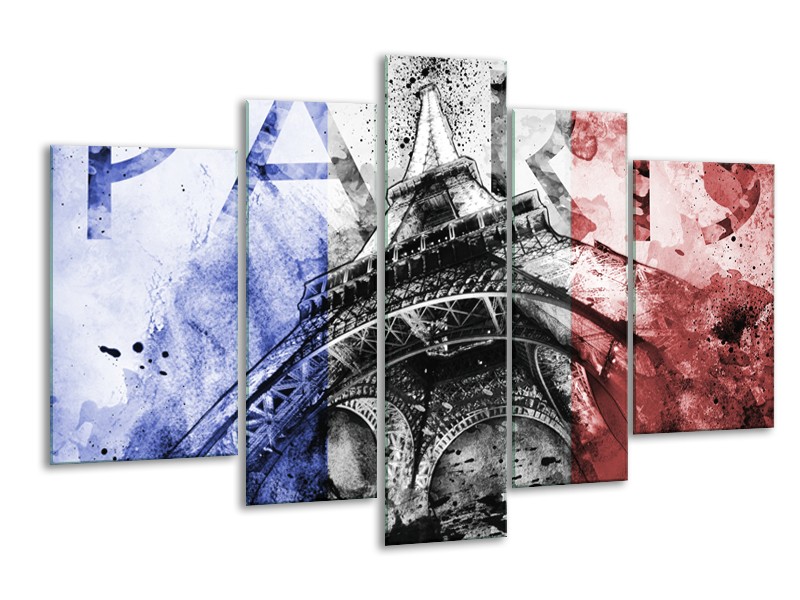 Canvas Schilderij Parijs, Eiffeltoren | Blauw, Rood, Zwart | 170x100cm 5Luik