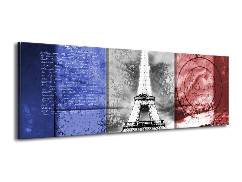 Glasschilderij Parijs, Eiffeltoren | Blauw, Rood, Zwart | 150x50cm 3Luik