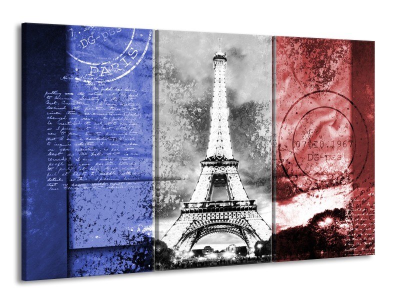 Glasschilderij Parijs, Eiffeltoren | Blauw, Rood, Zwart | 165x100cm 3Luik