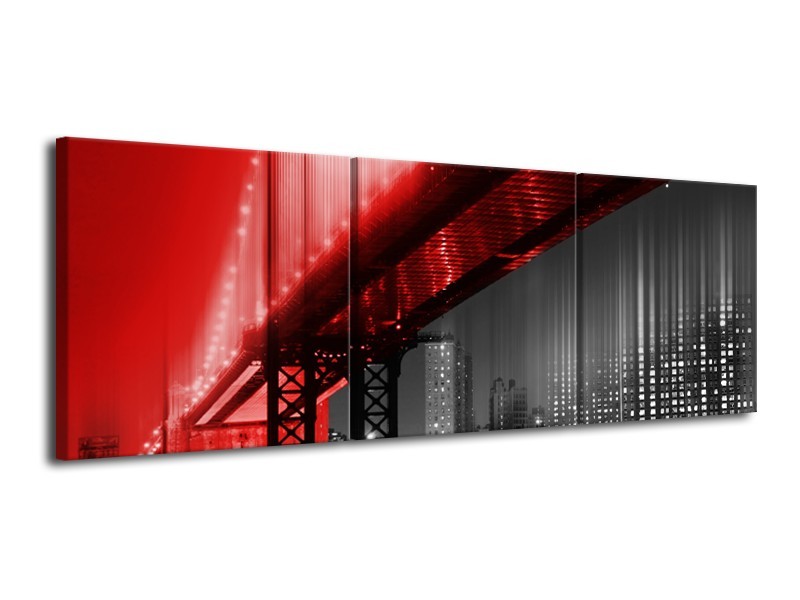 Canvas Schilderij Steden, Brug | Zwart, Wit, Rood | 120x40cm 3Luik