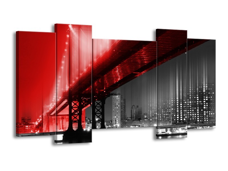 Glasschilderij Steden, Brug | Zwart, Wit, Rood | 120x65cm 5Luik