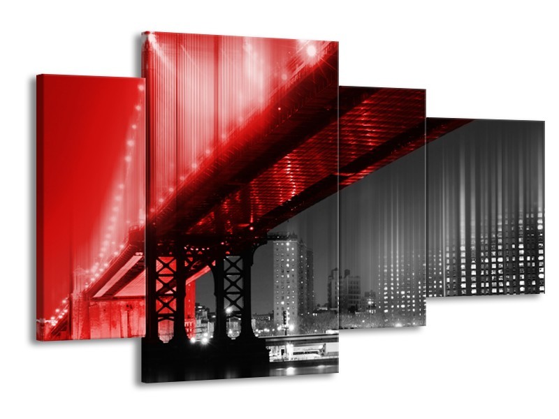 Glasschilderij Steden, Brug | Zwart, Wit, Rood | 120x75cm 4Luik