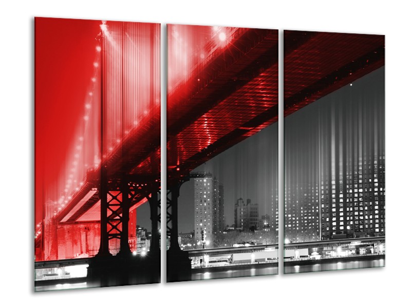 Glasschilderij Steden, Brug | Zwart, Wit, Rood | 120x80cm 3Luik