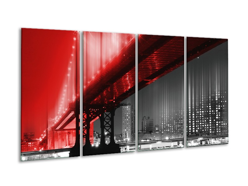 Glasschilderij Steden, Brug | Zwart, Wit, Rood | 160x80cm 4Luik