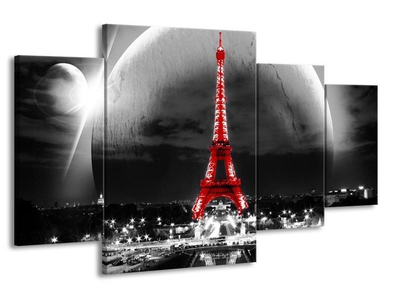 Canvas Schilderij Parijs, Eiffeltoren | Zwart, Wit, Rood | 160x90cm 4Luik