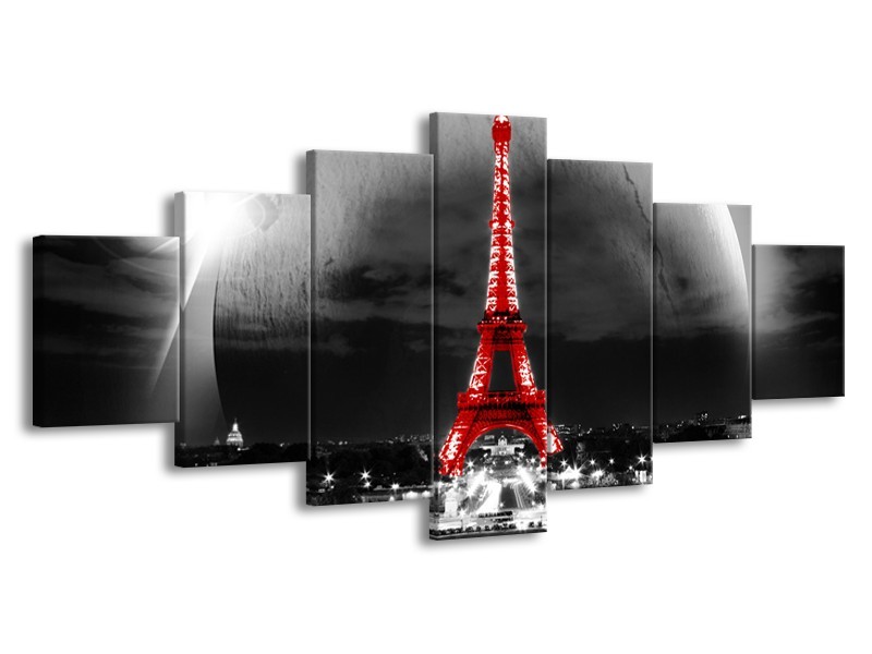 Canvas Schilderij Parijs, Eiffeltoren | Zwart, Wit, Rood | 210x100cm 7Luik