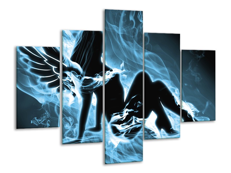 Glasschilderij Vrouw, Engel | Blauw, Zwart, Grijs | 100x70cm 5Luik