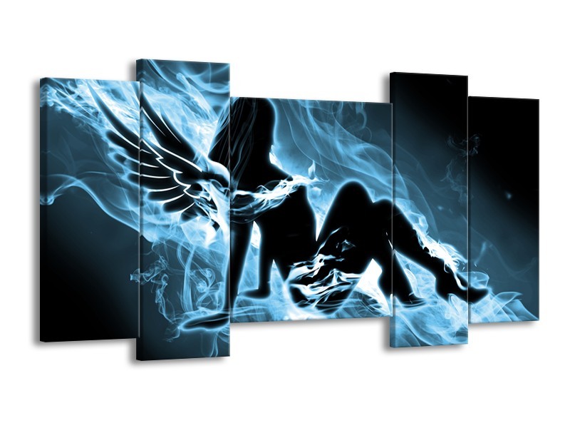 Canvas Schilderij Vrouw, Engel | Blauw, Zwart, Grijs | 120x65cm 5Luik