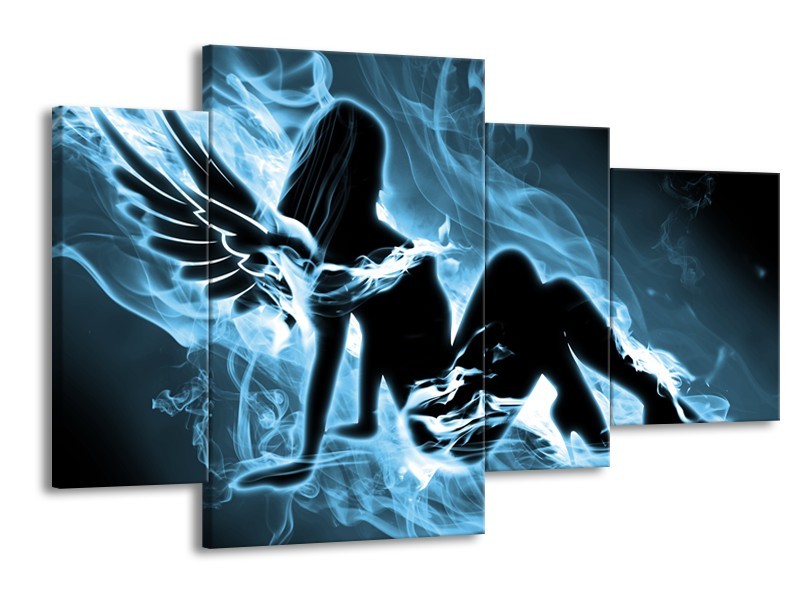 Glasschilderij Vrouw, Engel | Blauw, Zwart, Grijs | 120x75cm 4Luik