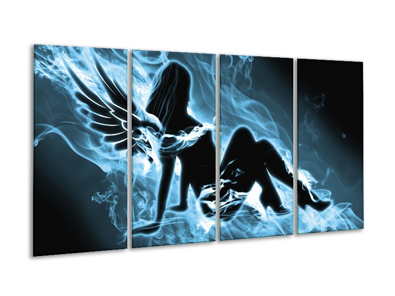 Canvas Schilderij Vrouw, Engel | Blauw, Zwart, Grijs | 160x80cm 4Luik