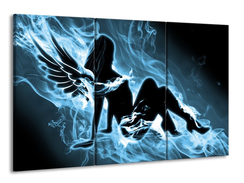 Glasschilderij Vrouw, Engel | Blauw, Zwart, Grijs | 165x100cm 3Luik