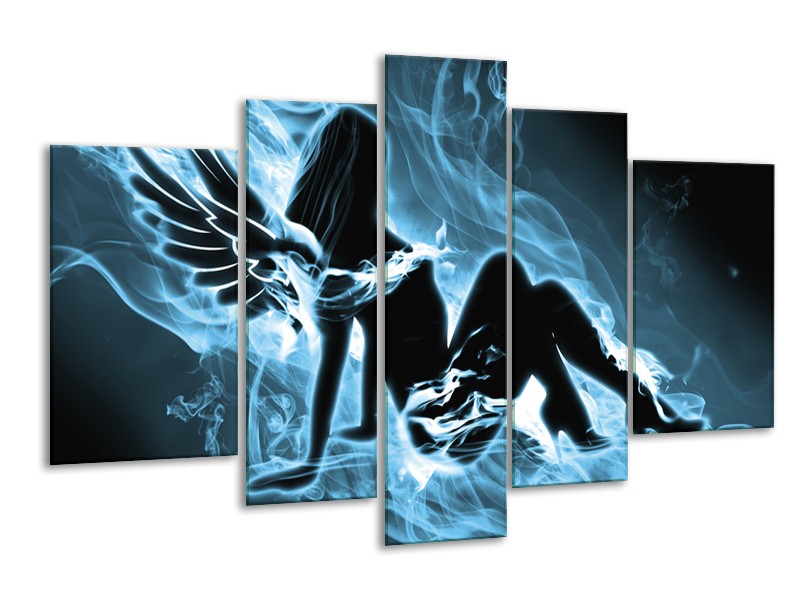 Glasschilderij Vrouw, Engel | Blauw, Zwart, Grijs | 170x100cm 5Luik