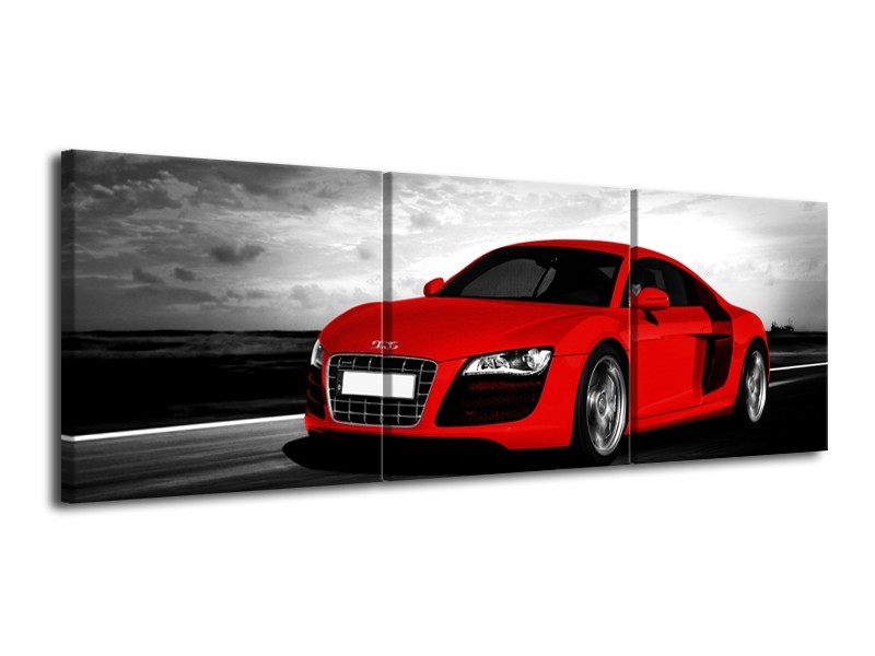 Glasschilderij Audi, Auto | Zwart, Grijs, Rood | 120x40cm 3Luik