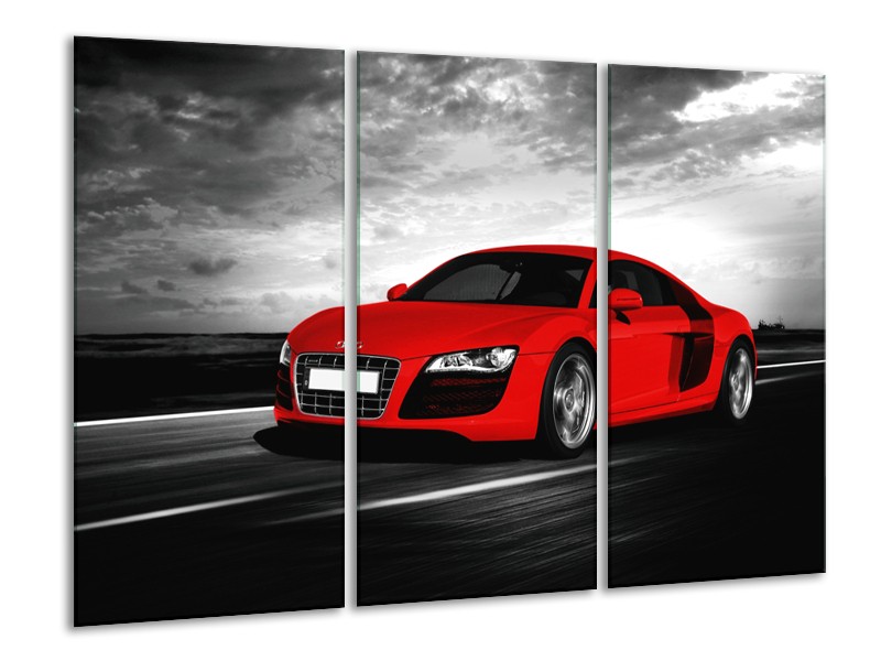Glasschilderij Audi, Auto | Zwart, Grijs, Rood | 120x80cm 3Luik