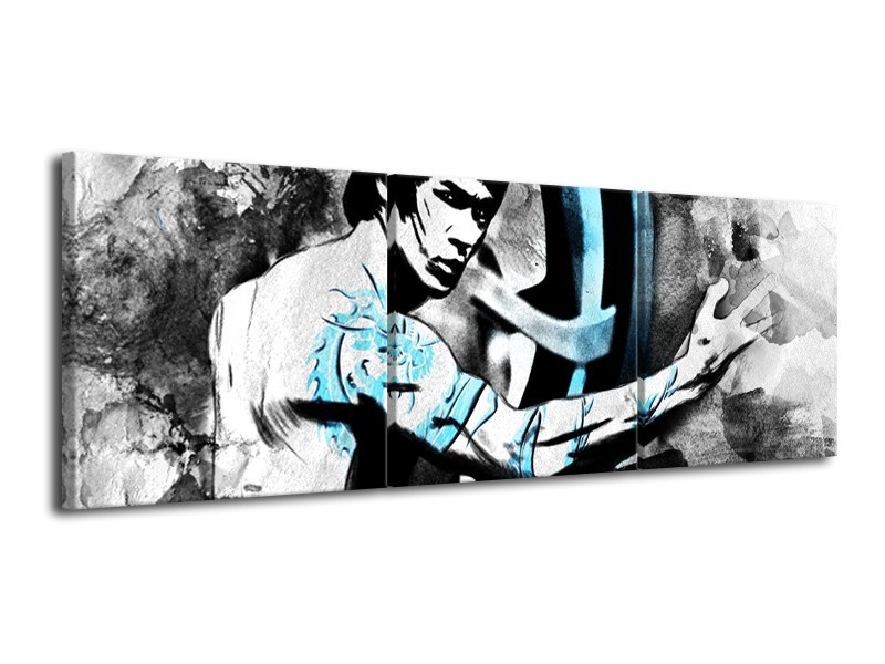 Canvas Schilderij Sport, Man | Grijs, Zwart, Blauw | 120x40cm 3Luik