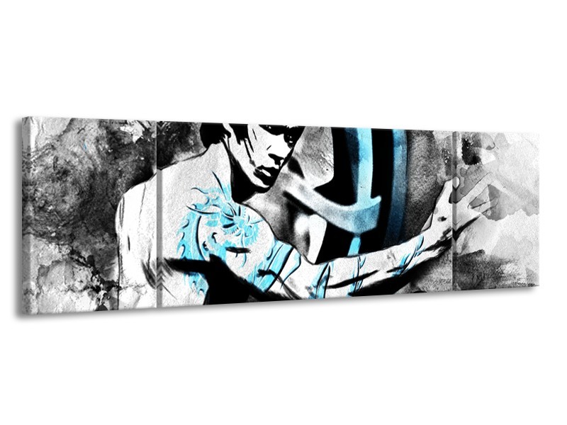 Canvas Schilderij Sport, Man | Grijs, Zwart, Blauw | 170x50cm 3Luik