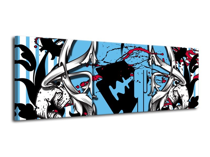 Glasschilderij Popart, Hart | Grijs, Zwart, Blauw | 120x40cm 3Luik