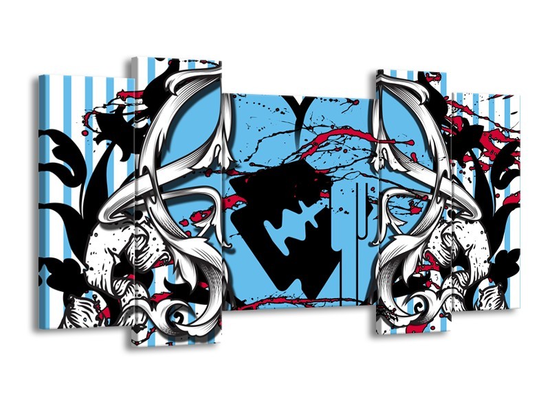 Canvas Schilderij Popart, Hart | Grijs, Zwart, Blauw | 120x65cm 5Luik