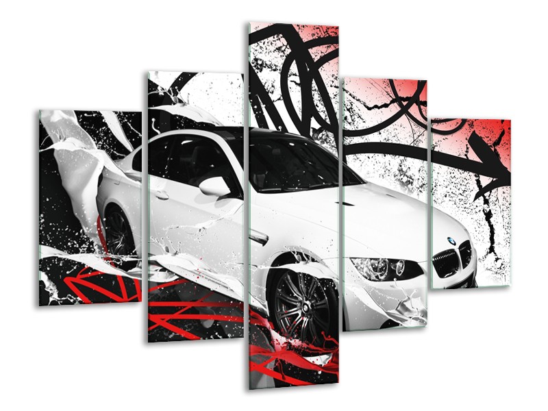 Glasschilderij Auto, BMW | Wit, Rood, Zwart | 100x70cm 5Luik