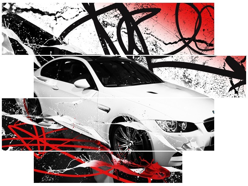 Canvas Schilderij Auto, BMW | Wit, Rood, Zwart | 115x85cm 4Luik