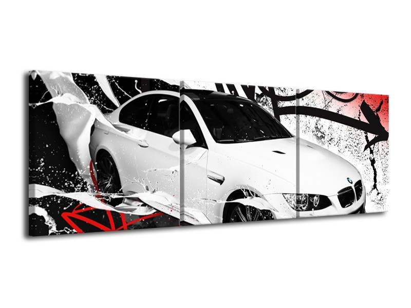 Glasschilderij Auto, BMW | Wit, Rood, Zwart | 120x40cm 3Luik