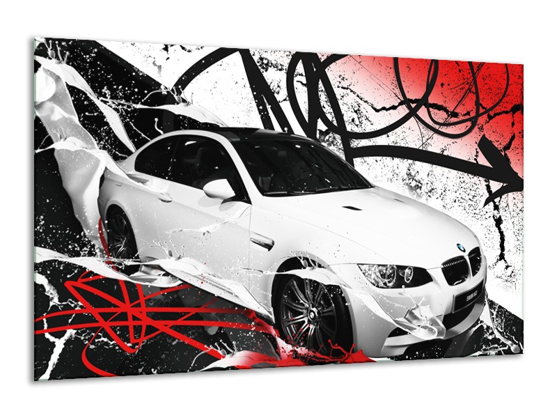 Glasschilderij Auto, BMW | Wit, Rood, Zwart | 120x70cm 1Luik