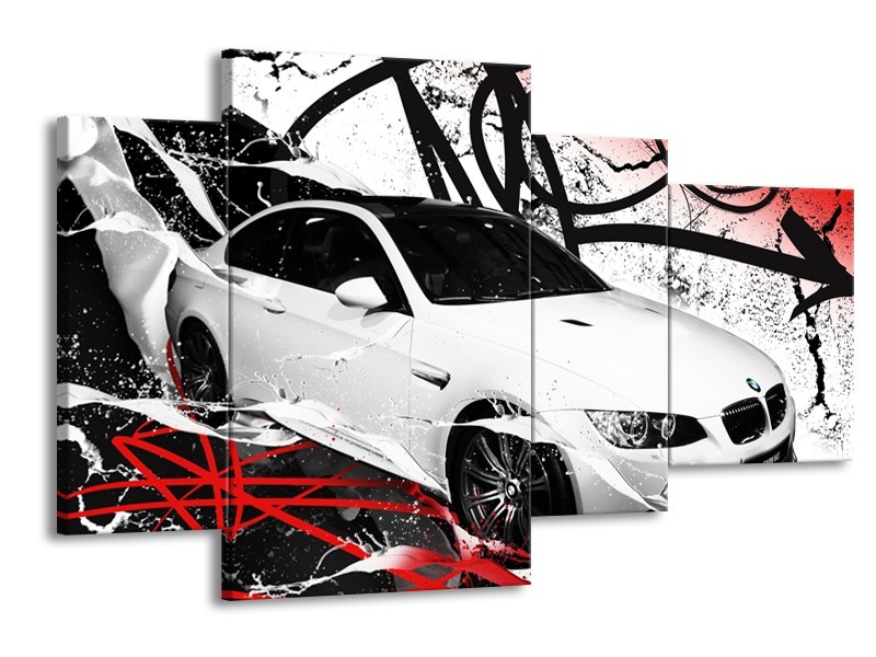 Canvas Schilderij Auto, BMW | Wit, Rood, Zwart | 120x75cm 4Luik