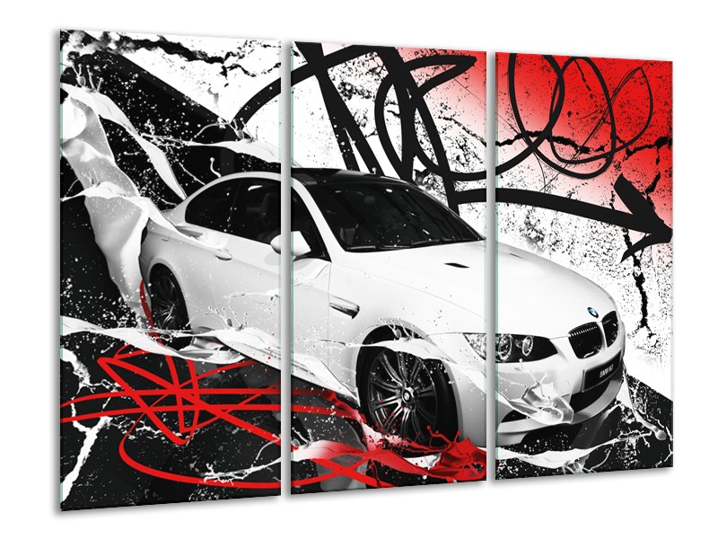 Glasschilderij Auto, BMW | Wit, Rood, Zwart | 120x80cm 3Luik