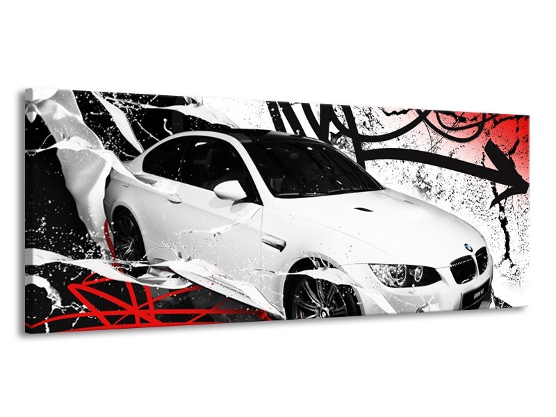 Canvas Schilderij Auto, BMW | Wit, Rood, Zwart | 145x58cm 1Luik