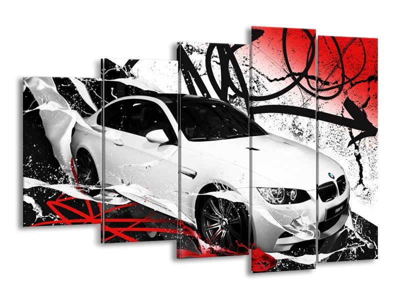 Canvas Schilderij Auto, BMW | Wit, Rood, Zwart | 150x100cm 5Luik