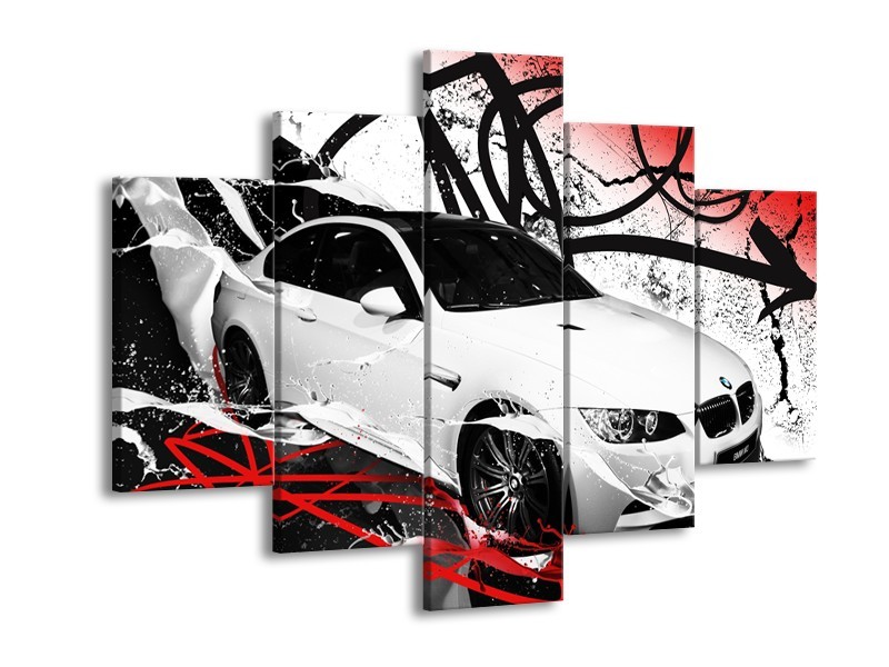 Canvas Schilderij Auto, BMW | Wit, Rood, Zwart | 150x105cm 5Luik