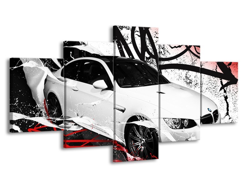 Canvas Schilderij Auto, BMW | Wit, Rood, Zwart | 150x80cm 5Luik