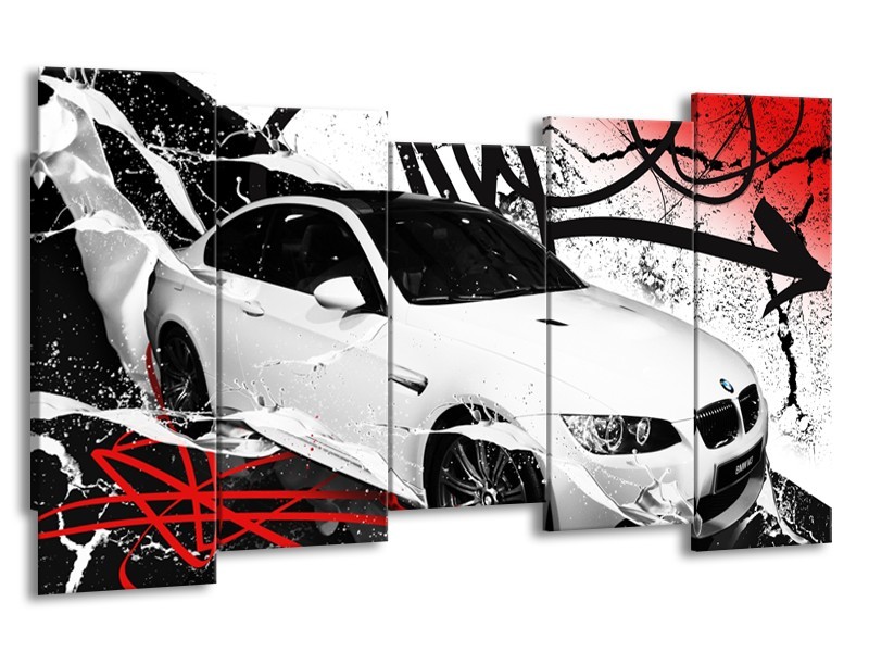 Glasschilderij Auto, BMW | Wit, Rood, Zwart | 150x80cm 5Luik