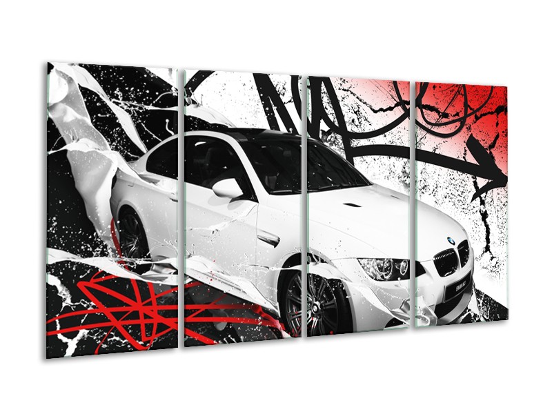 Glasschilderij Auto, BMW | Wit, Rood, Zwart | 160x80cm 4Luik