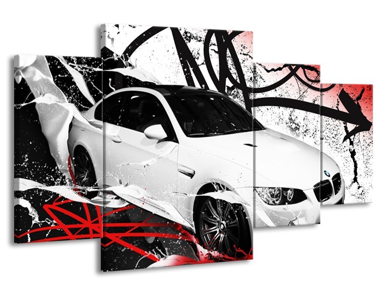 Canvas Schilderij Auto, BMW | Wit, Rood, Zwart | 160x90cm 4Luik