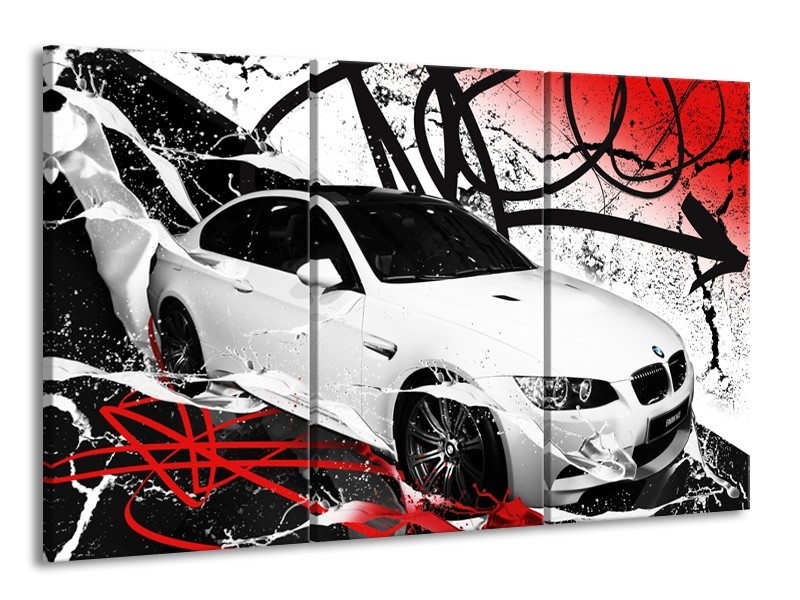 Glasschilderij Auto, BMW | Wit, Rood, Zwart | 165x100cm 3Luik