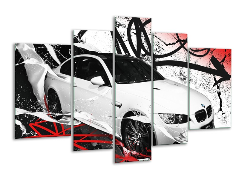 Canvas Schilderij Auto, BMW | Wit, Rood, Zwart | 170x100cm 5Luik