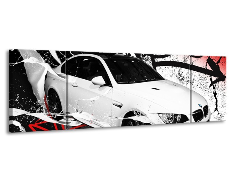 Canvas Schilderij Auto, BMW | Wit, Rood, Zwart | 170x50cm 3Luik